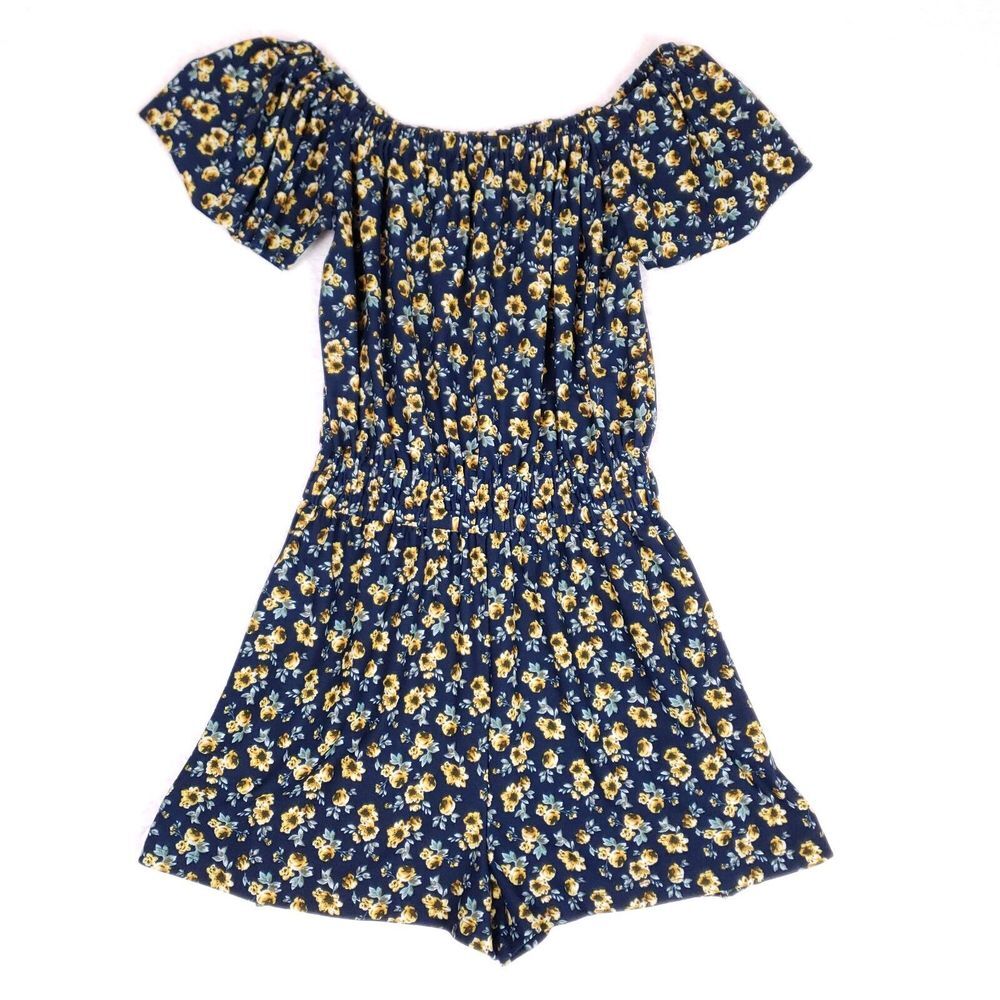 MNG Basics Floral Off Shoulder Romper Womens‎ XS Blue Yellow Cottagecore Boho